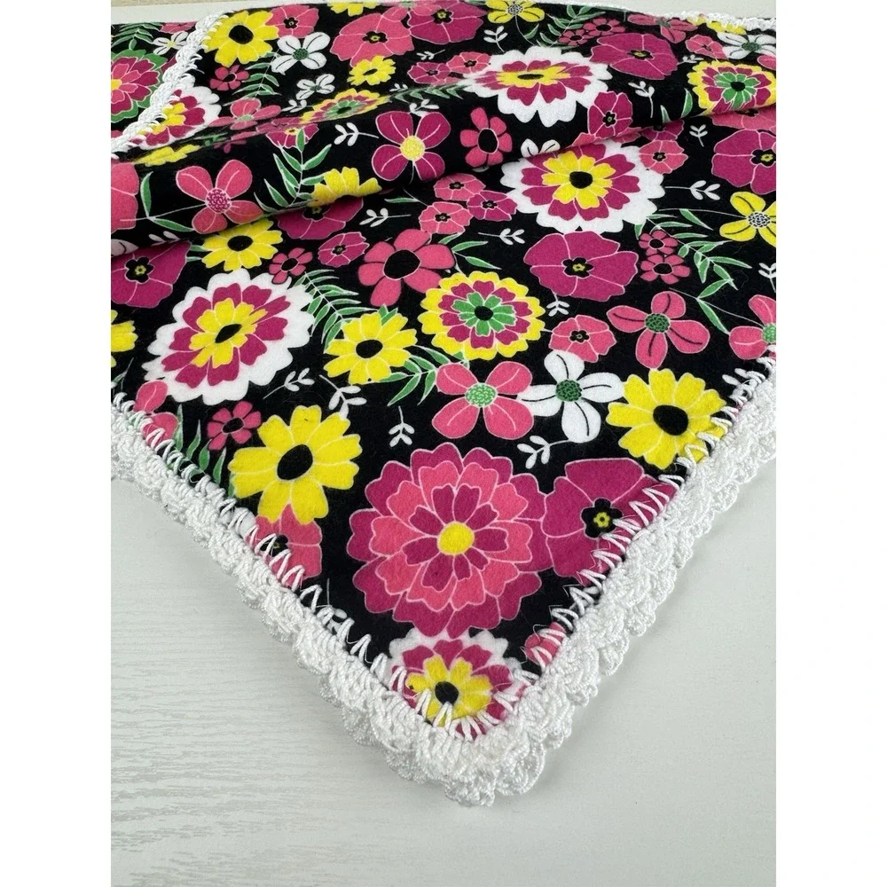 Handmade VTG Style Baby Girl Blanket Pink Floral Crochet Boho 70s Gift Receiving